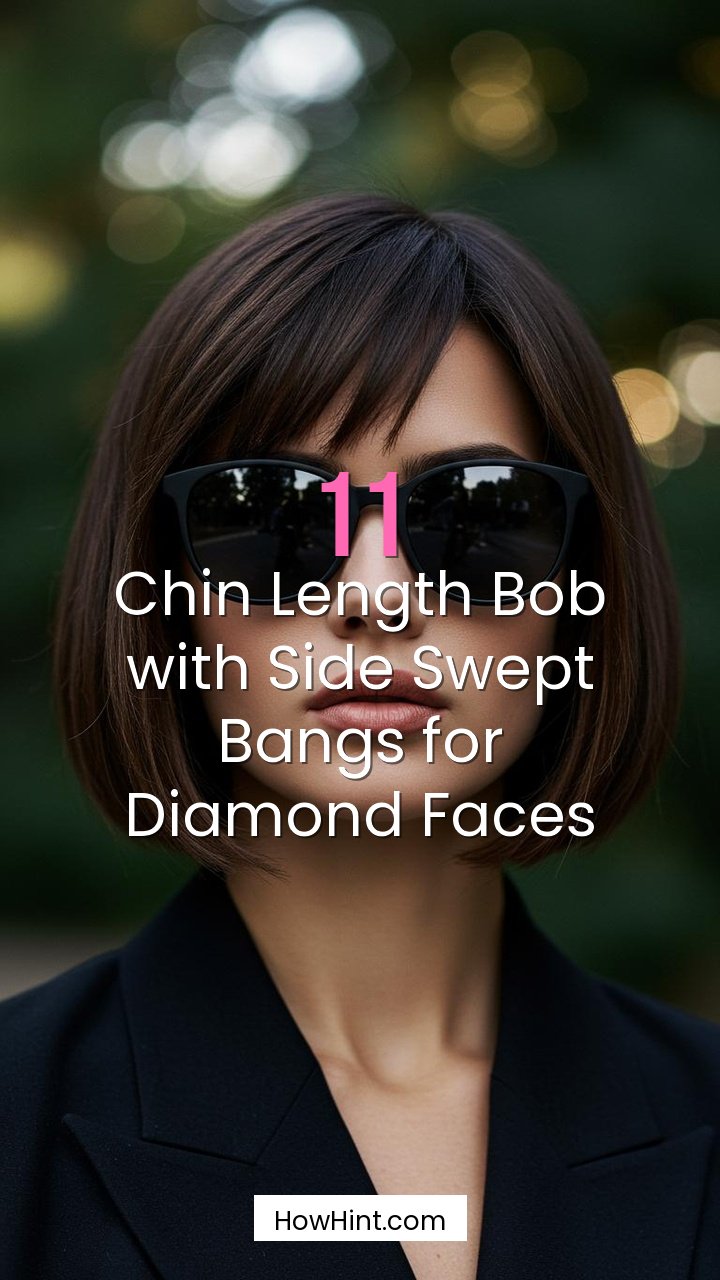 Chin Length Bob with Side Swept Bangs for Diamond Faces
